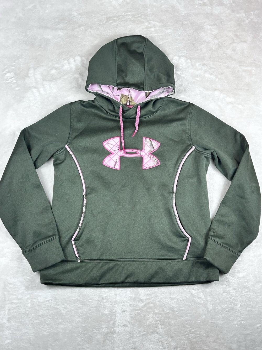 Under Armour Hoodie Womens Sz L Green Storm Big Pink Camo Realtree Logo Pockets